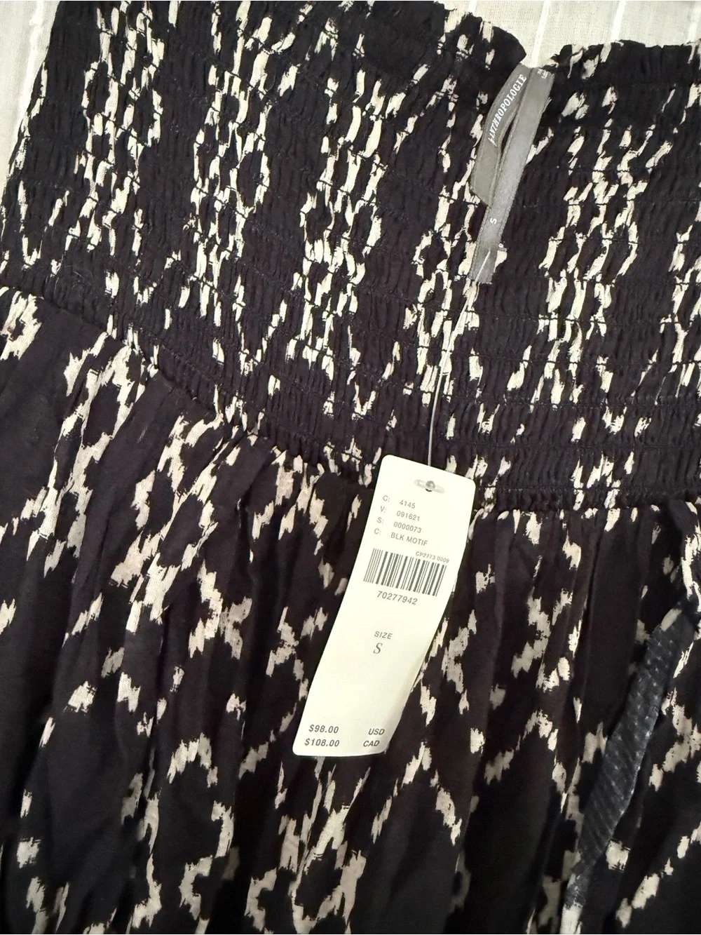 Anthropologie Black Patterned Smocked Beach Coverup with Tan Straps